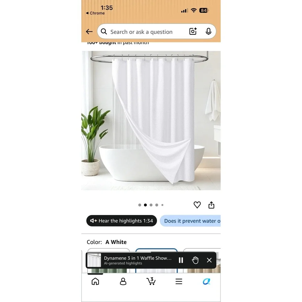 72x72 Inch Charcoal Grey Waffle Weave Shower Curtain w/hooks 3 in 1 technology